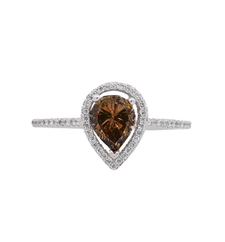 14K White Gold 0.87Ct Pear Brown Diamond Halo Ring