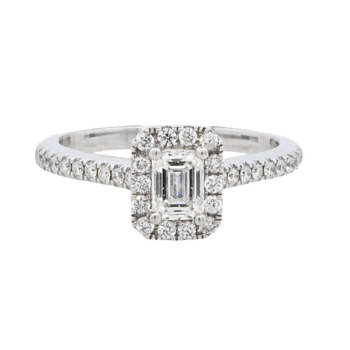 14K White Emerald Cut Diamond Halo Engagement Ring
