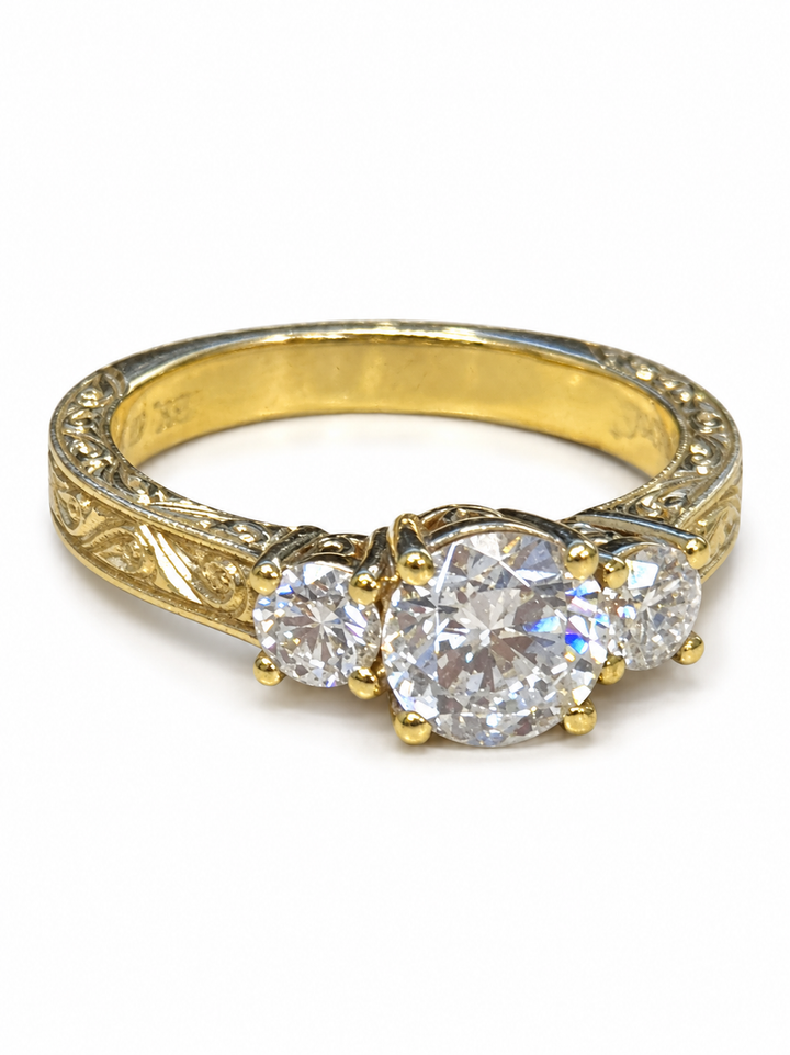18K Yellow Gold 3-Stone CZ & Diamond Women's Ring