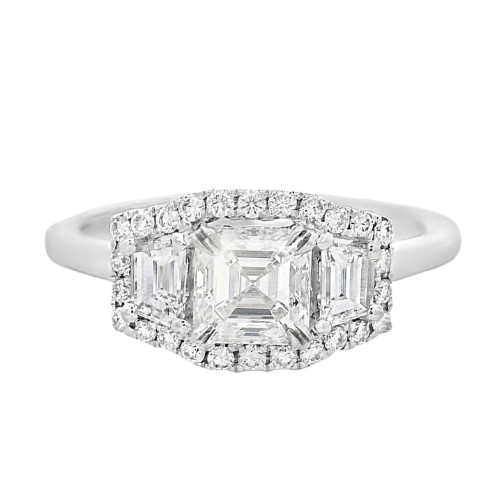 14K White Asscher Diamond 0.63Ct 3 Stone Engagement Ring