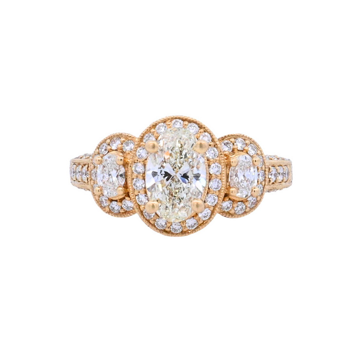 18K Yellow Gold 1Ct Oval Diamond 3-Stone Engagement Ring
