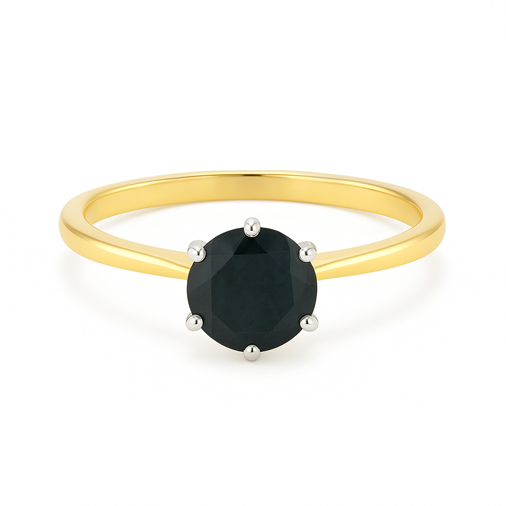 14K Yellow Gold 1CT Round Black Diamond Solitaire Ring