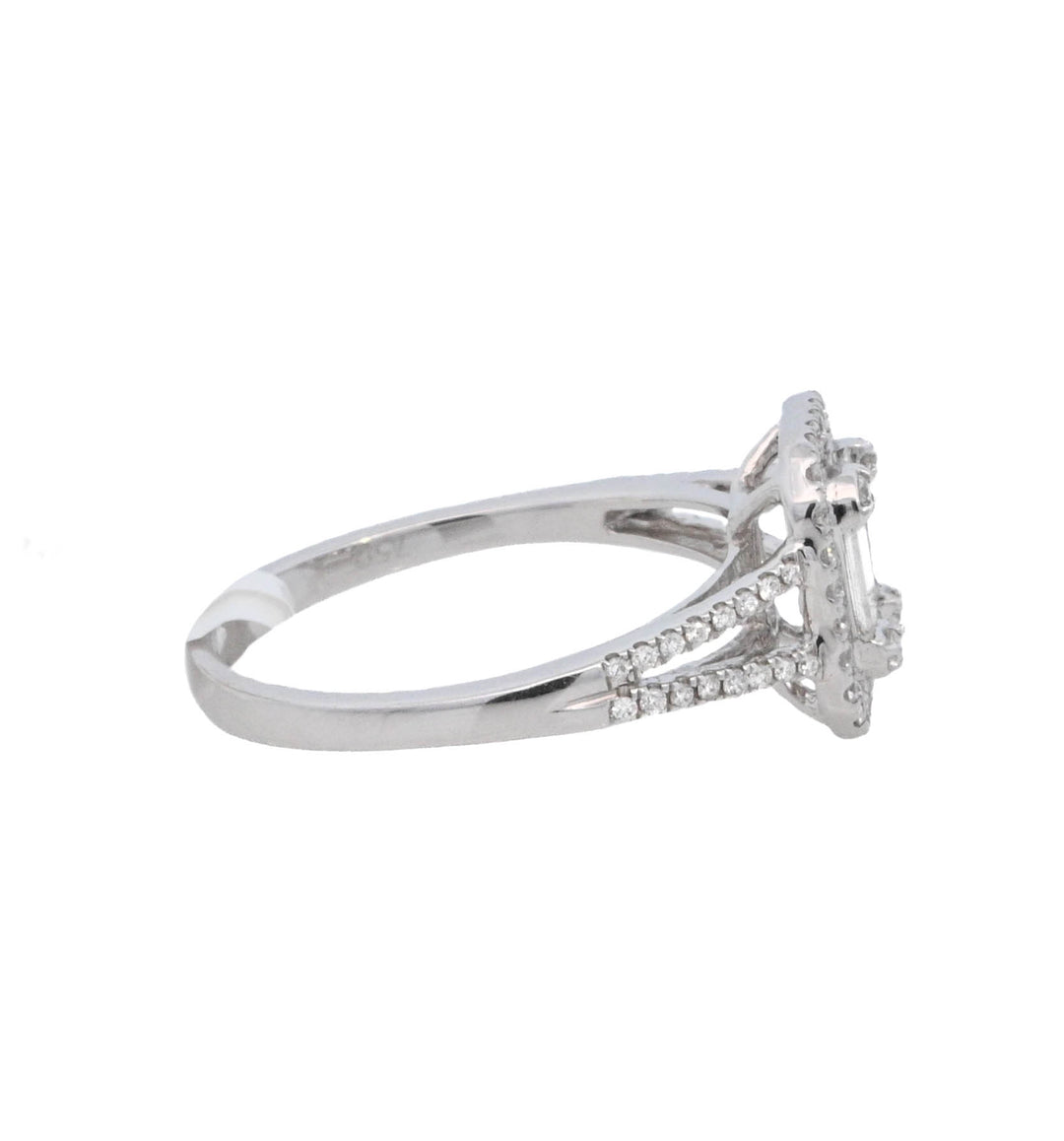 18K White Emerald- Cut Diamond 0.70Ct Halo Engagement Ring