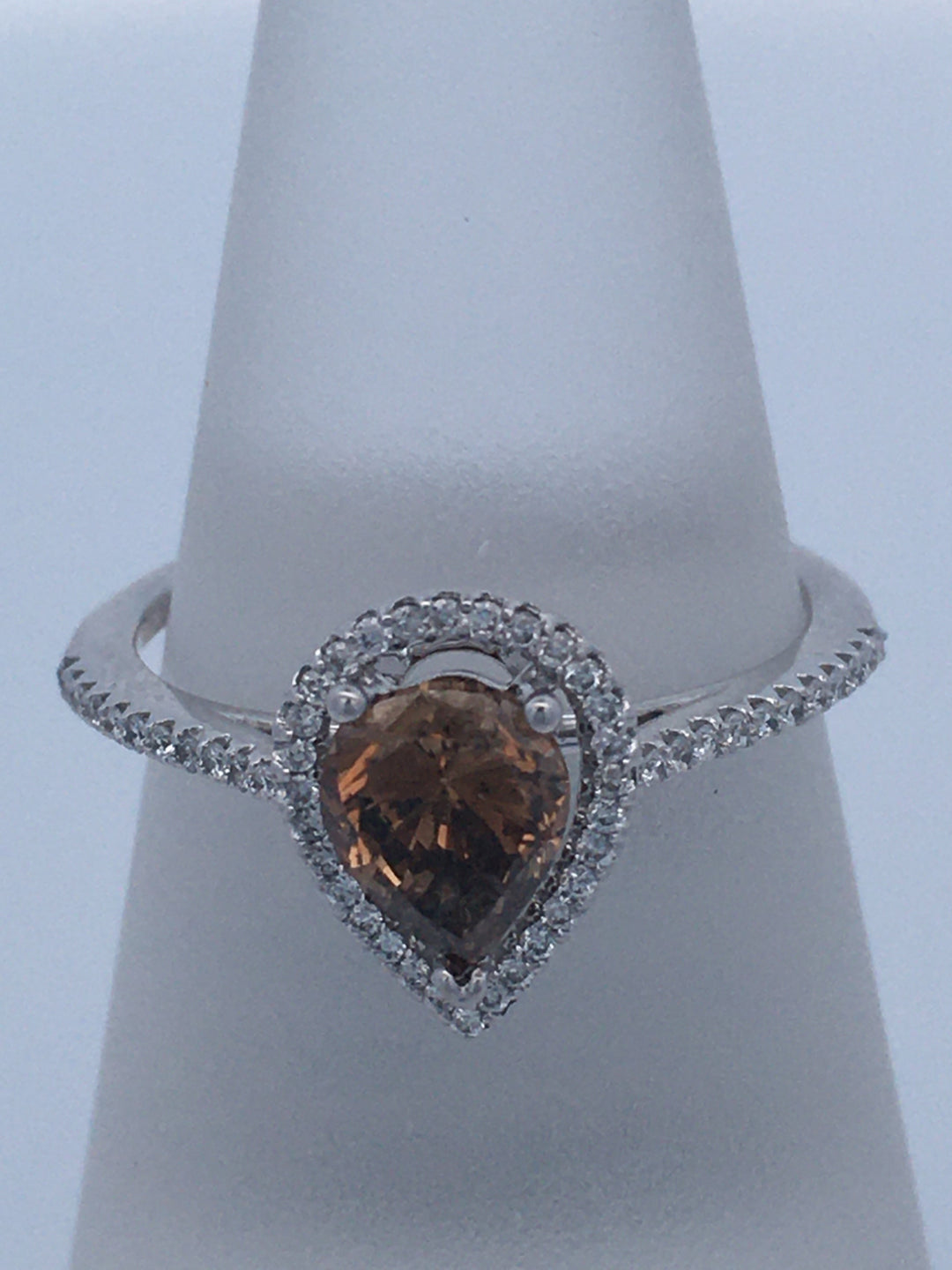 14K White Gold 0.87Ct Pear Brown Diamond Halo Ring