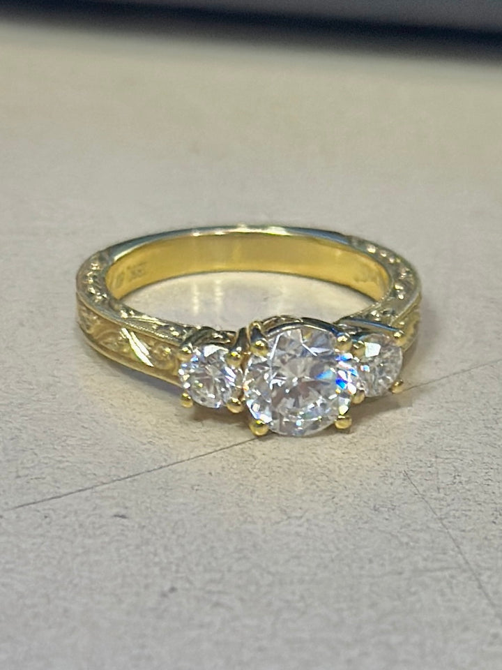 18K Yellow Gold 3-Stone CZ & Diamond Women's Ring