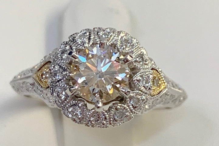 18K Two-Tone Round Diamond Vintage Engagement Ring