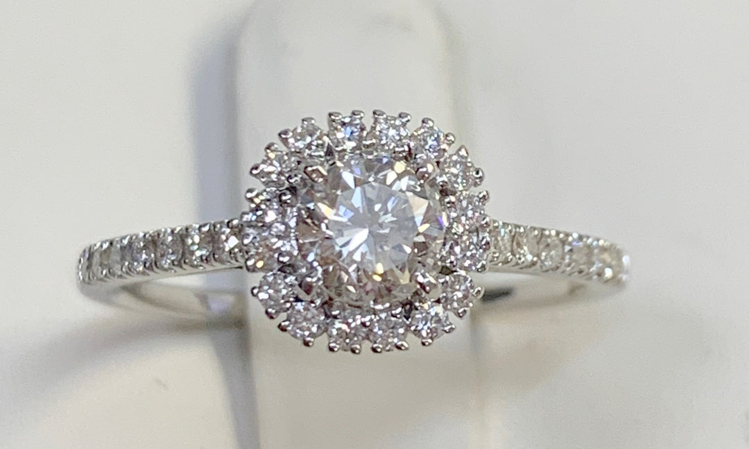 18K White Gold 0.77ct Round Diamond Halo Engagement Ring