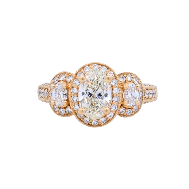 18K Yellow Oval Diamond 1.00Ct 3 Stone Engagement Ring