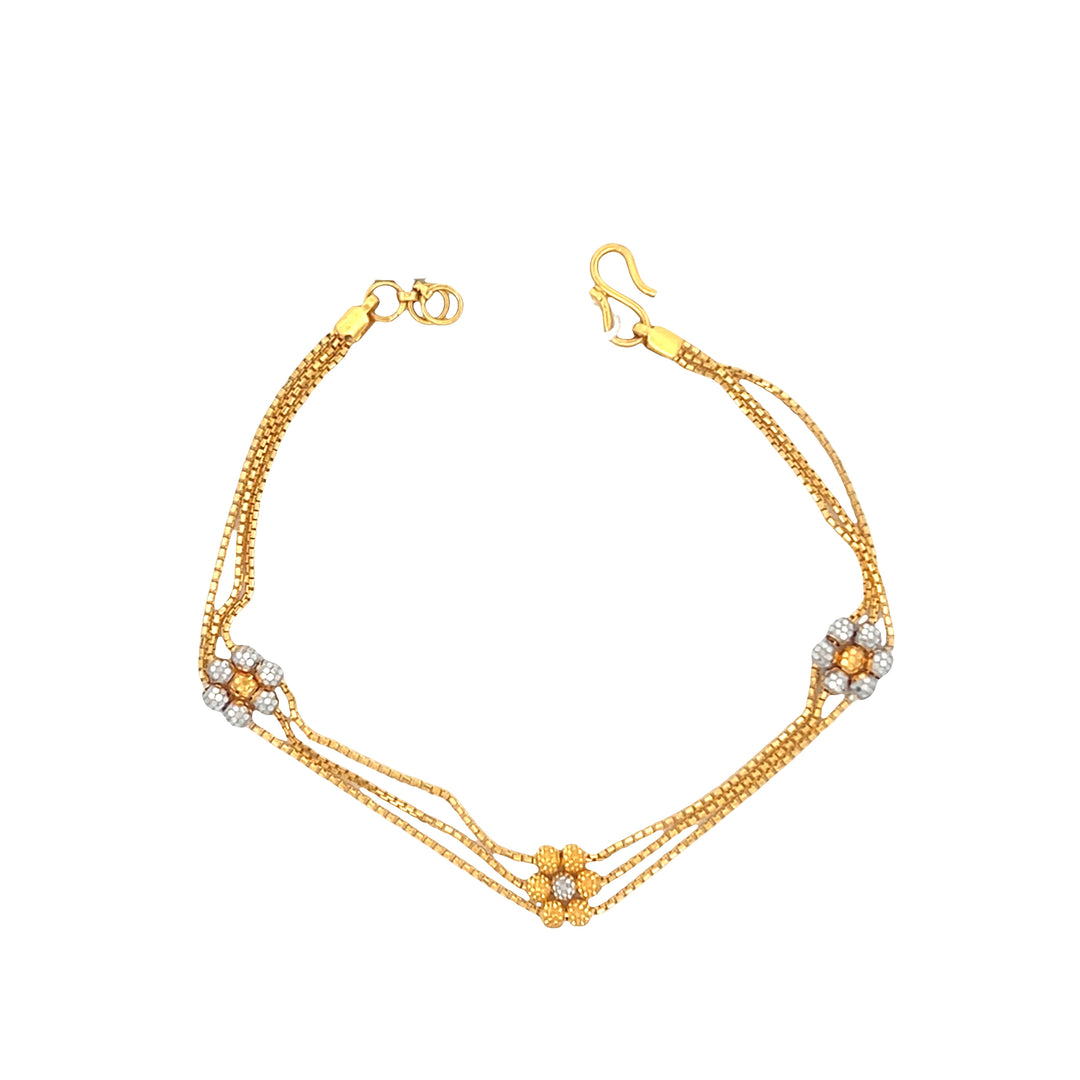 22K Yellow Gold 3-Flower Delicate Charm Bracelet