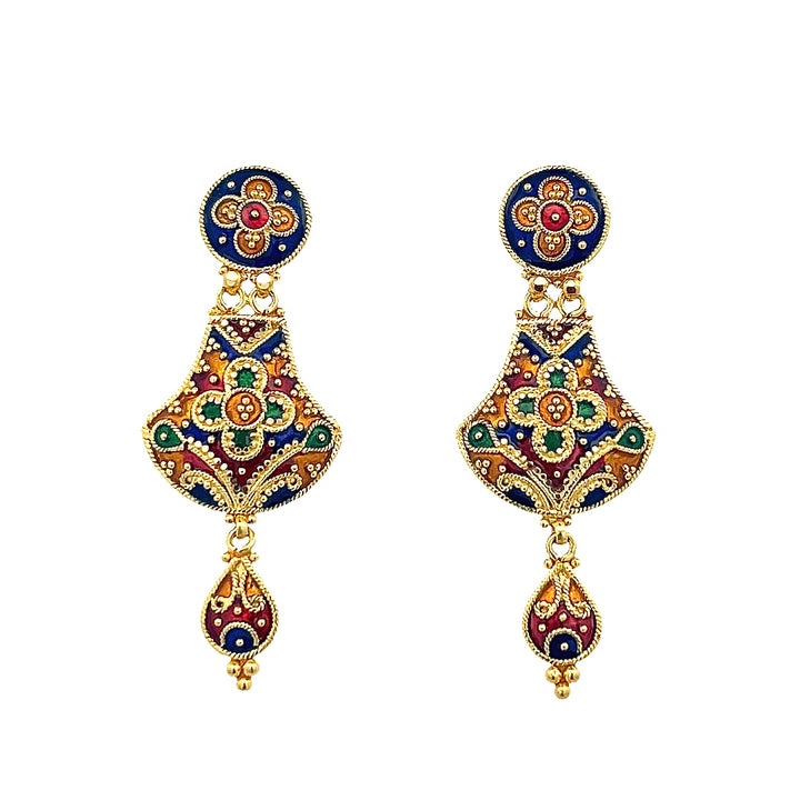 22K Yellow Gold Traditional Meenakari Artisan Dangle Earrings