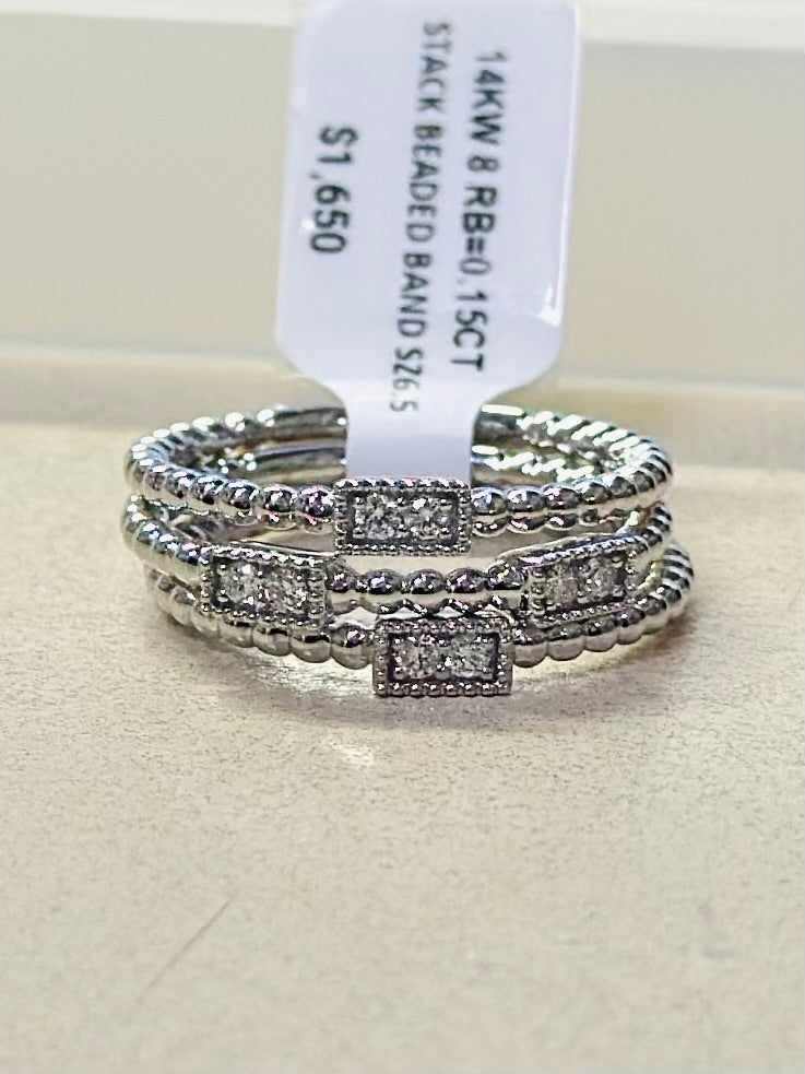 14K White Gold Stacked Beaded Diamond Wedding Band