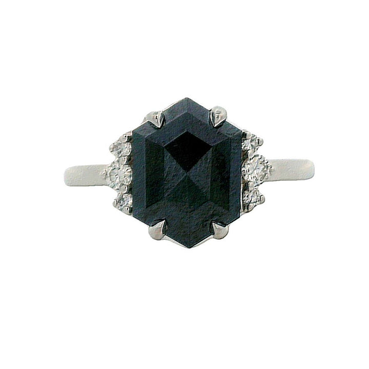 14K White Gold Black Hexagon Diamond Fashion Ring