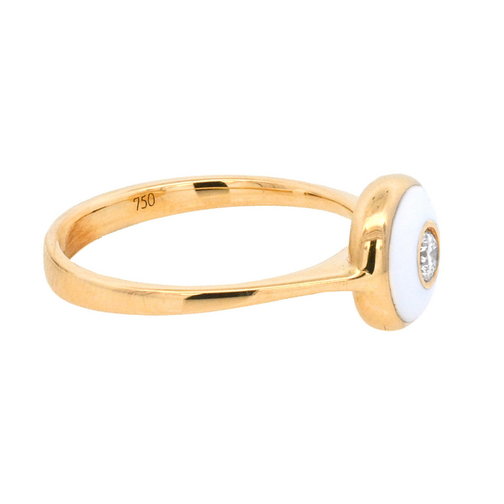18K Yellow Gold 0.11ct Diamond White Enamel Ring