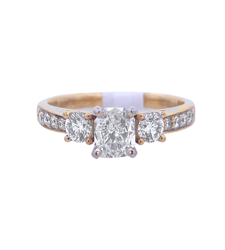18K Yellow Gold 0.45CT Cushion Diamond 3-Stone Ring