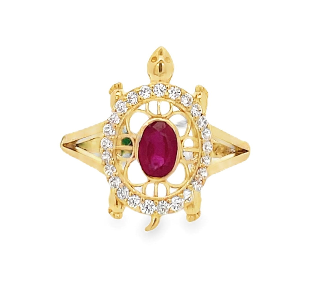 22K Yellow Gold Turtle Ring with CZ Stones and Ruby Accent