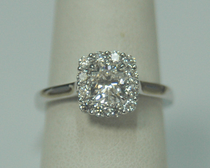 18K White Gold 1.10Ct Cushion Diamond Halo Engagement Ring