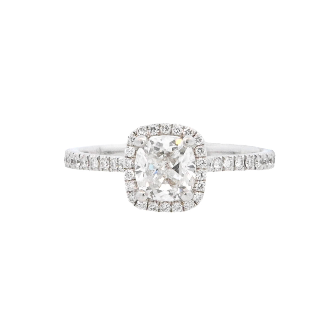 14K White Gold 0.80Ct Cushion Diamond Halo Ring