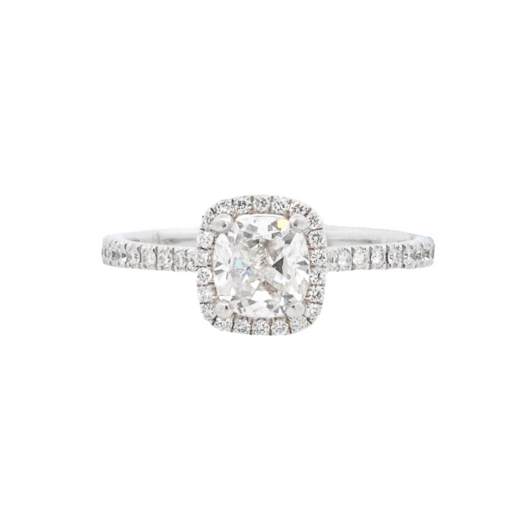 14K White Gold 0.80Ct Cushion Diamond Halo Ring