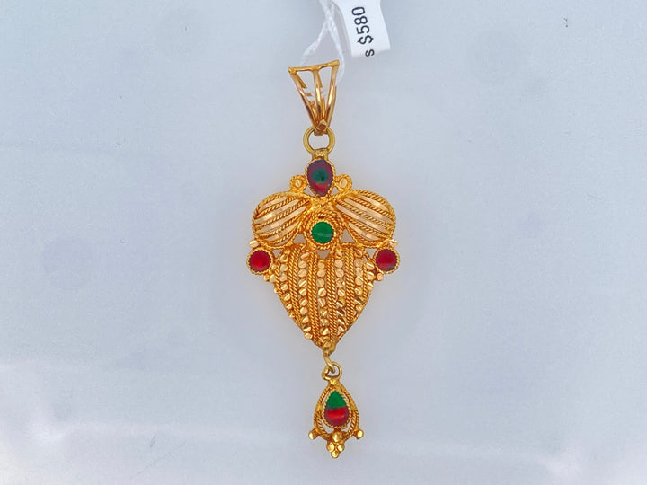 22K Yellow Gold Green Red Enamel Artisan Pendant