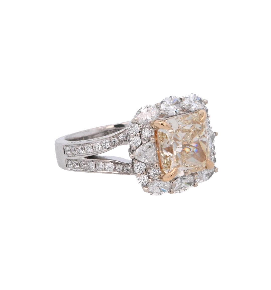 18K Two-Tone 4.02Ct Yellow Cushion Diamond Halo Ring