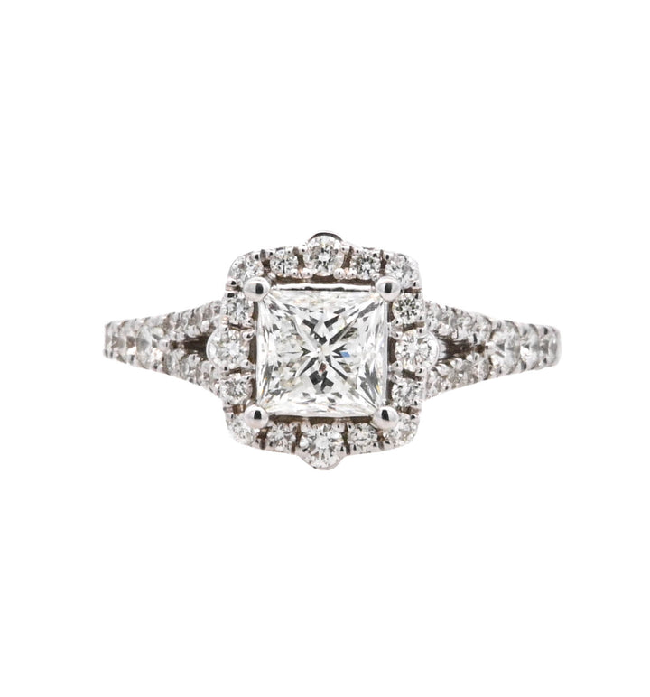 14K White Gold 1.00Ct Princess Diamond Halo Engagement Ring