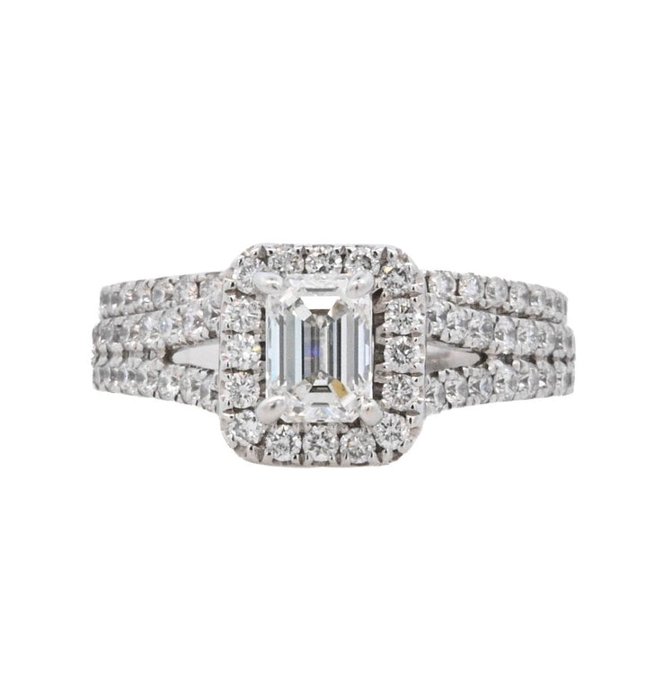 14K White Emerald Cut Diamond 0.80Ct Halo Engagement Ring