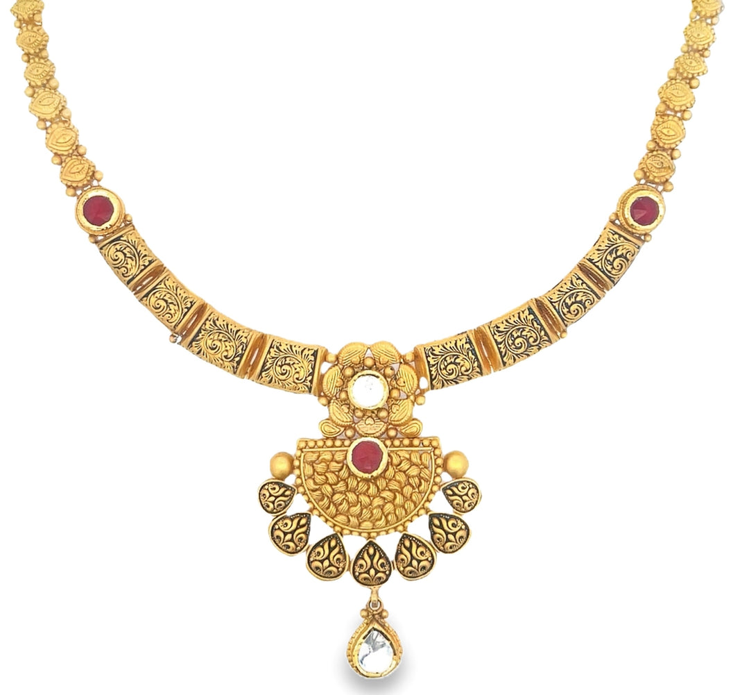 22K Yellow Gold CZ Diamond and Ruby Statement Necklace