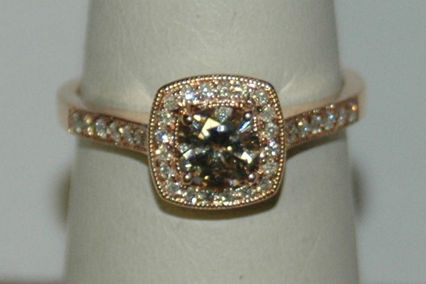 14K Rose Gold Champagne Diamond Halo Engagement Ring